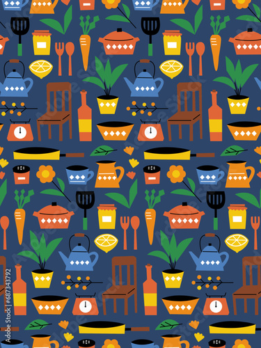 seamless pattern of kitchen and living room