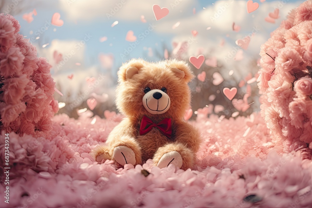 Fototapeta premium teddy bear with flowers and hearts in fluffy paws Teddy Bear with heart Valentines teddy bear