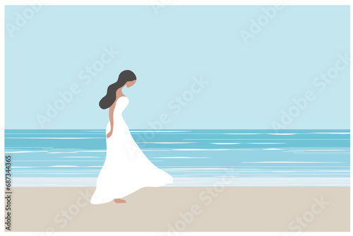Beautiful woman in white dress on the beach vector illustration. Summer holidays beach concept