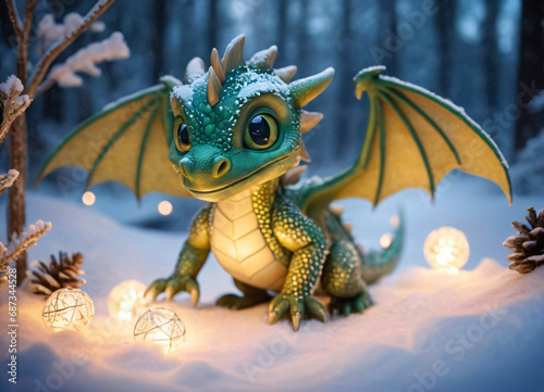 The little dragon admires the glowing New Year's ornaments. ©  Photinia Art
