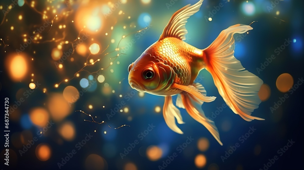 Goldfish. Fantasy background with a beautiful glowing magical goldfish, bokeh background