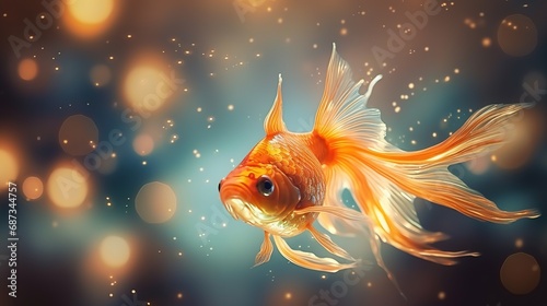 Goldfish. Fantasy background with a beautiful glowing magical goldfish, bokeh background