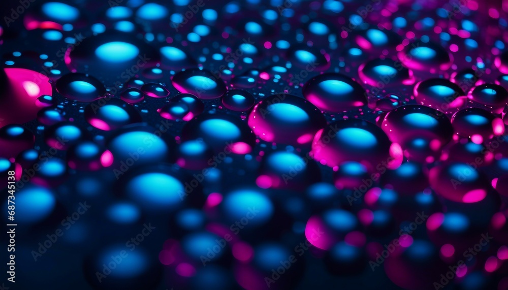 water drops in neon lighting, abstract background with purple circles