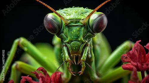 Award-Winning Photography of a Green Milkwood Grass, Generative AI, A praying mantis, its slender body and folded forelimbs giving it a poised and contemplative appearance. Generative Ai. colorful b

 photo