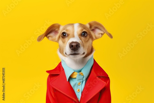 Very rich cute dog in bright clothes smiling proudly, concept of Fancy Furry © RealPeopleStudio
