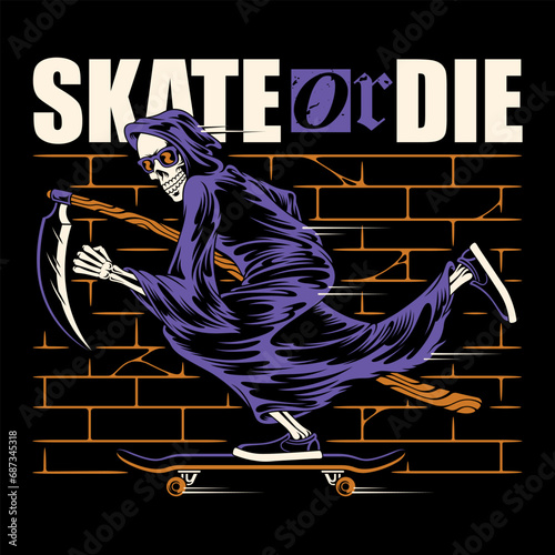 vector illustration grim reaper character riding a skateboard