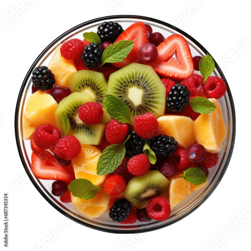 Top View of Fruit Salad Bowl Isolated on Transparent or White Background, PNG