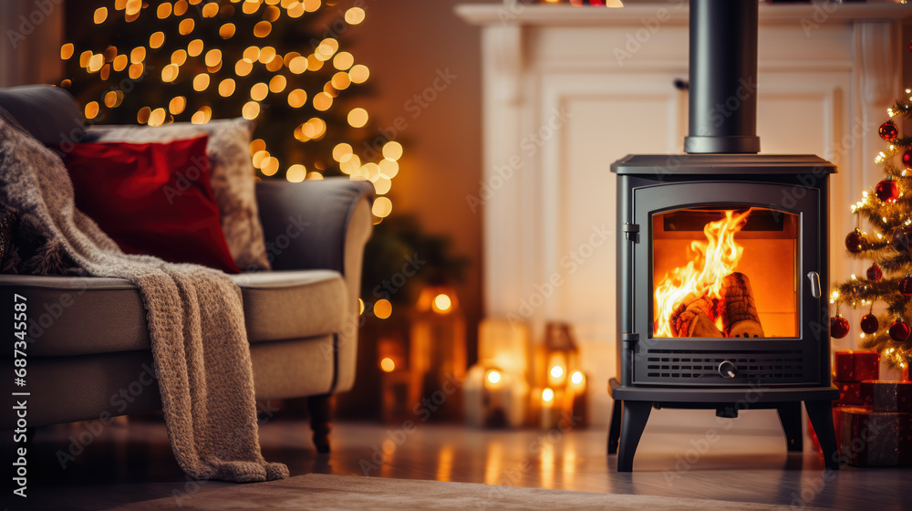 Warm and cozy Christmas background, soft focus on a fireplace with stockings, gently lit Christmas tree in the corner, and a large area for copyspace, Warm and cozy Christmas background, soft focus on a fireplace with stockings, gently lit Christmas tree in the corner, and a large area for copyspace,