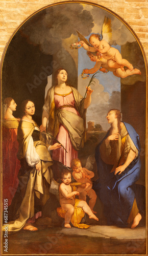 Title: VICENZA, ITALY - NOVEMBER 6, 2023: The painting of holy martyrs women in the chruch Basilica dei Santi Felice e Fortunato by unknown artist

