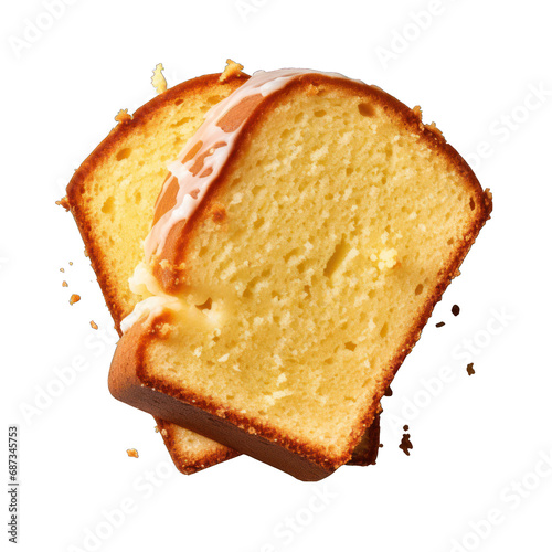 Top view of a slice of pound cake Isolated on Transparent or White Background, PNG