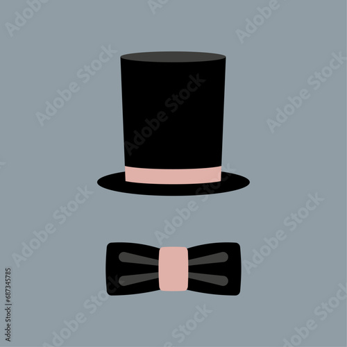 Top hat and bow tie in flat style. Vector illustration in vintage colors. Retro wedding card or invitation on blue background. Simple shapes