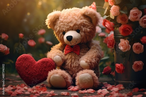 teddy bear with flowers and hearts in fluffy paws Teddy Bear with heart Valentines teddy bear © PinkiePie