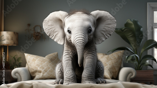 baby elephant sitting in white room. generative ai photo