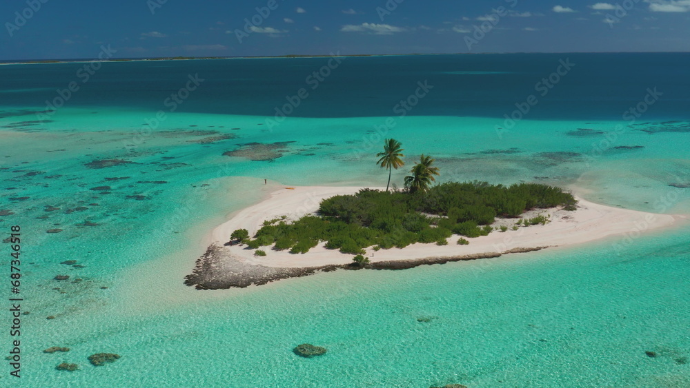 Wild tropical island sand beach, coral reef with turquoise water. Outdoor active lifestyle travel, summer holiday vacation. Beautiful exotic nature. Aerial drone shot