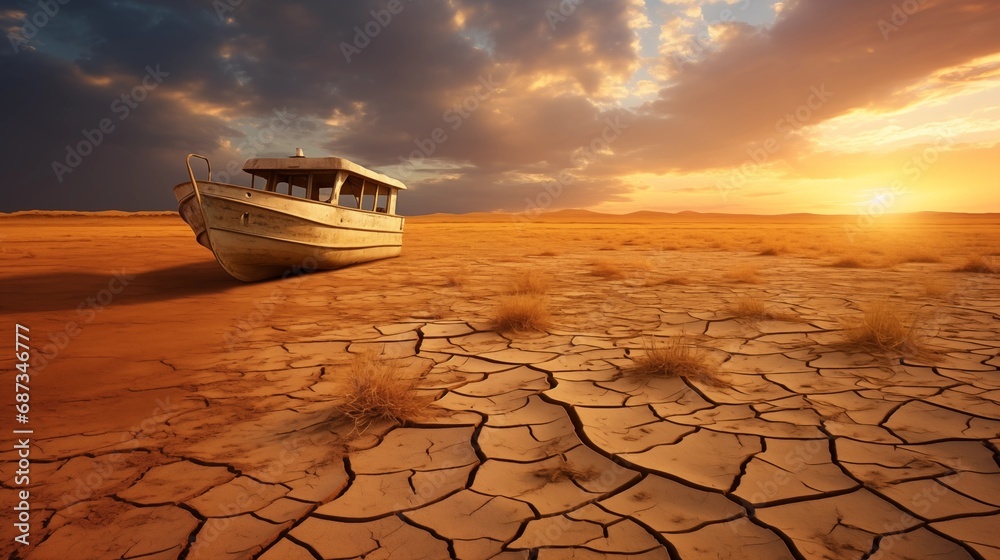 Obraz premium Boat floating on dry cracked parched lake and sea. Global warming concept and climate change