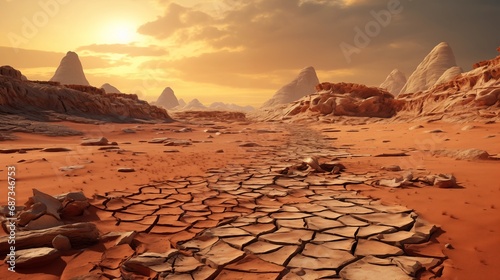 Dry cracked parched earth with dead tree. Global warming concept and climate change
