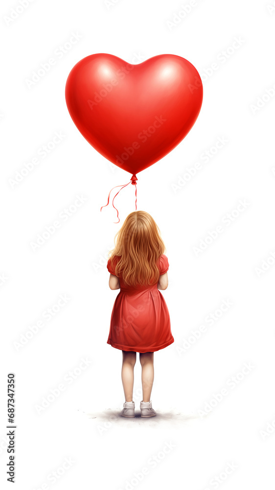 Drawn little girl seen from behind holding a red balloon in the shape of a heart isolated on white background. Valentine's Day celebration concept. Generative AI. Drawn little girl seen from behind holding a red balloon in the shape of a heart isolated on white background. Valentine's Day celebration concept. Generative AI.