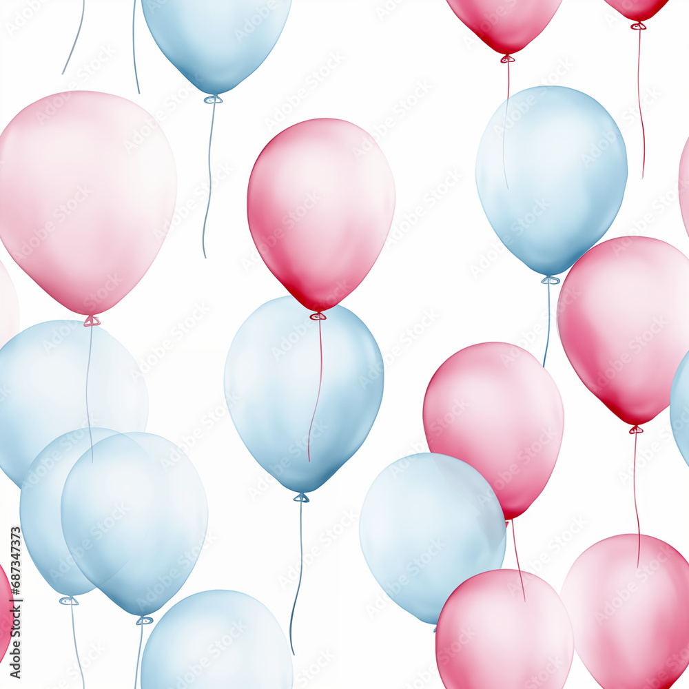 Seamless pattern of blue and pink drawn balloons on a white background.