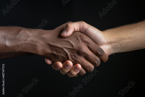 A dark-skinned man shakes hands with a light-skinned man. Business and friendship concept. Generative AI.