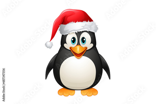 A cartoon penguin in a red Santa Claus hat isolated on transparent background. PNG file. Christmas and New Year celebration concept. © Andrii