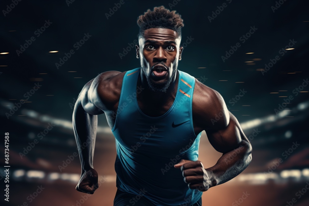 Strong athletic, African American man sprinter, running on the race track wearing in the sportswear, fitness and sport motivation