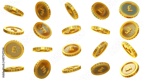 3D rendering of set of abstract golden British Pound coins concept in different angles. Pound sign on golden coin isolated on transparent background photo