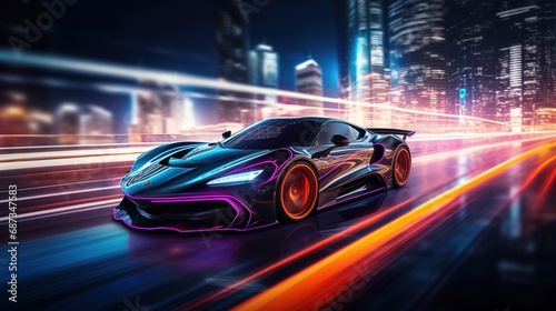 Speeding Sports Car On Neon Highway of the city. Powerful acceleration of a supercar on a night track with colorful lights and trails photo