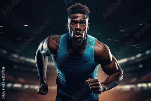 Strong athletic, African American man sprinter, running on the race track wearing in the sportswear, fitness and sport motivation