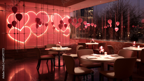 Valentine's Day romantic dinner in a restaurant with heart shaped balloons  generativa IA photo