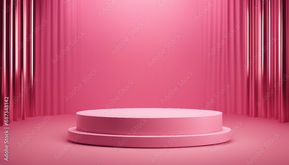 Abstract minimal scene with round podium. Pink background. 3d render