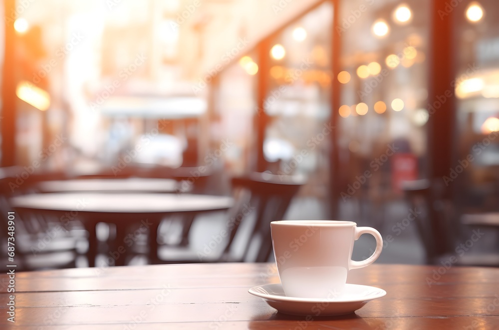 Cup of coffee on wooden table with bokeh cafe background. Blurred cafe background. Generative AI Cup of coffee on wooden table with bokeh cafe background. Blurred cafe background. Generative AI