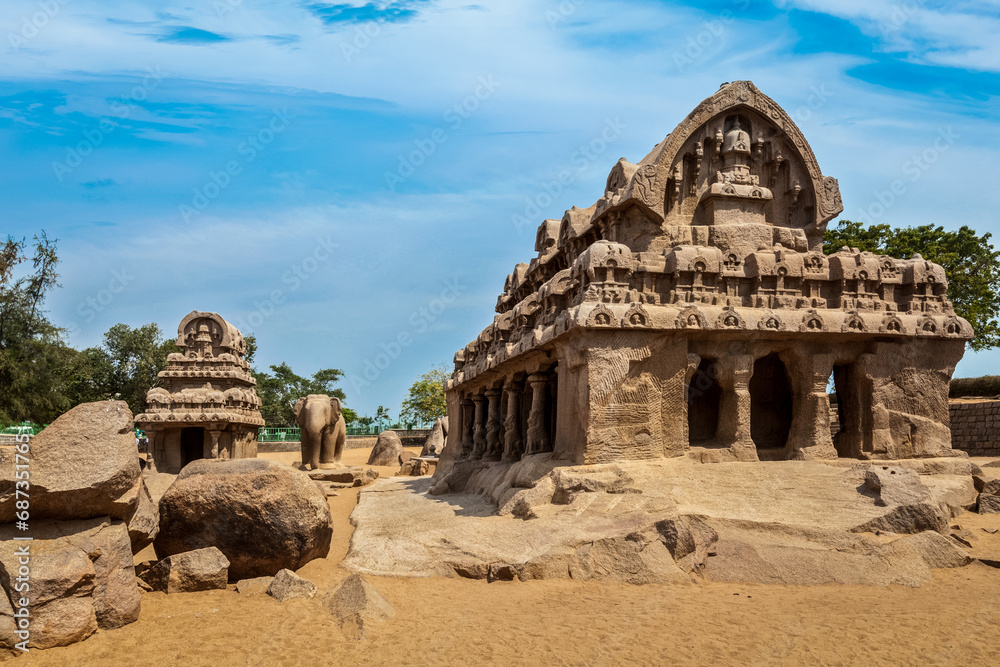 Five Rathas - ancient Hindu monolithic Indian rock-cut architecture. Mahabalipuram, Tamil Nadu, South India