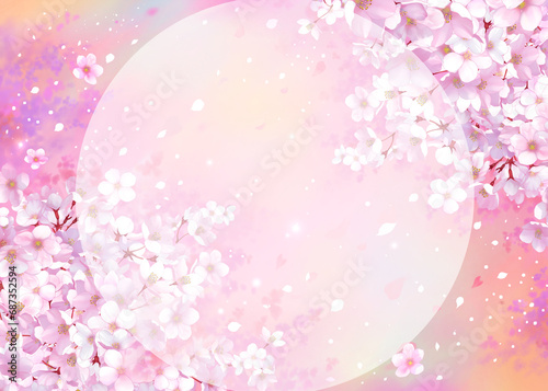 桜の背景素材 桜吹雪 円形の枠 和風 お花見 入学 卒業 入園 卒園 入社 ひな祭り 雛祭り