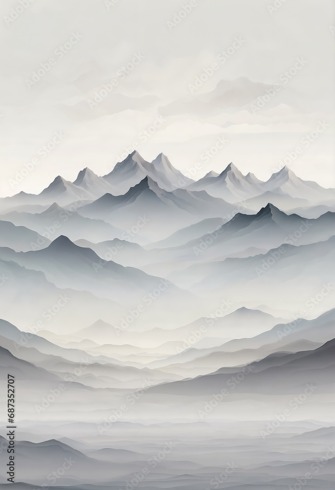 An ethereal illustration a foggy mountain landscape. Ideal for digital backgrounds, scenic, abstract landscape.