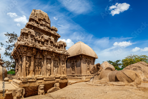 Five Rathas - ancient Hindu monolithic Indian rock-cut architecture. Mahabalipuram, Tamil Nadu, South India photo