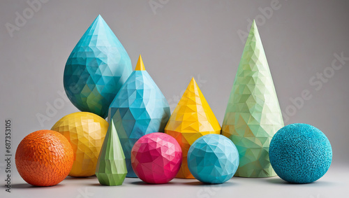 Vibrant paper geometric shapes on a neutral gray backdrop. Ideal for web design, backgrounds, and creative concepts.