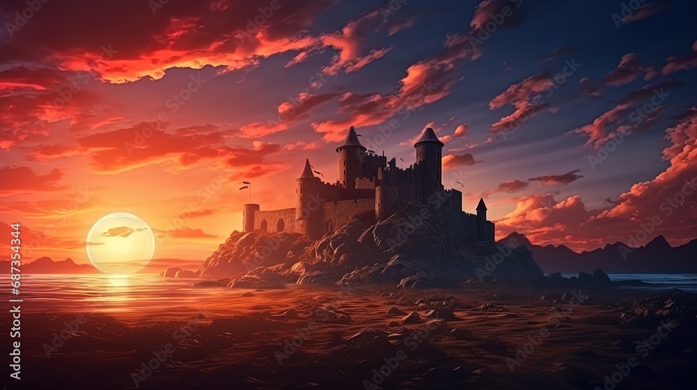 Ancient castle against the background of the sunset sky