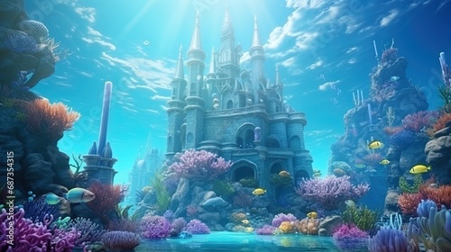 Castle in the underwater kingdom with arches of shells