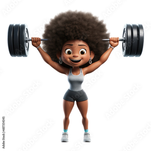 3D cartoon character cute young woman lifting weights in action, Full body isolated on white and transparent background