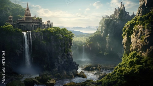 A castle hanging on the edge of a cliff with a waterfall below