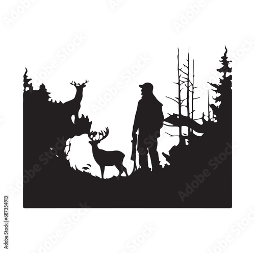 Vector silhouette of hunting deer in forest. Symbol of animal and nature.