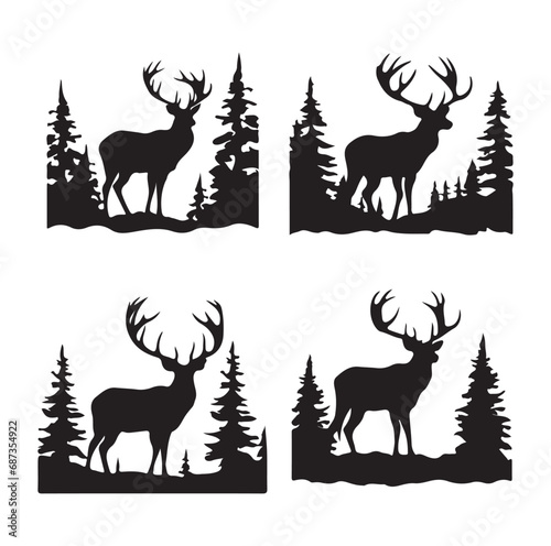 Vector silhouette of hunting deer in forest. Symbol of animal and nature.