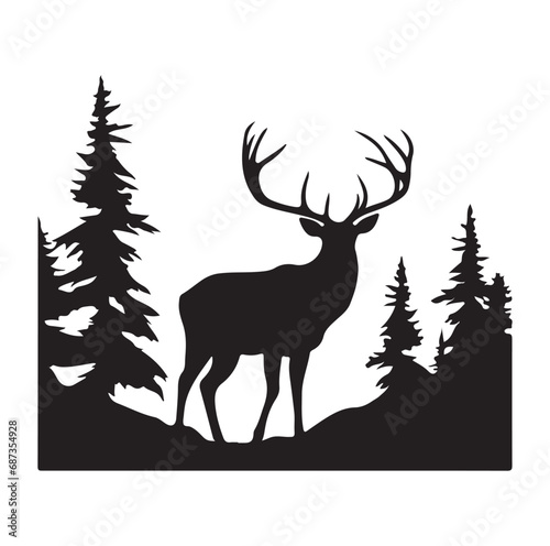 Vector silhouette of hunting deer in forest. Symbol of animal and nature.