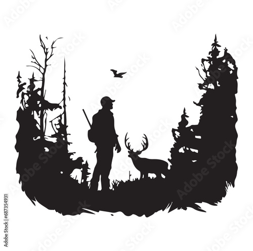 Vector silhouette of hunting deer in forest. Symbol of animal and nature.