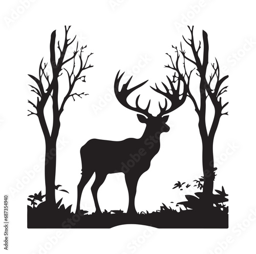 Vector silhouette of hunting deer in forest. Symbol of animal and nature.