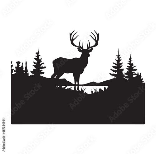 Vector silhouette of hunting deer in forest. Symbol of animal and nature.