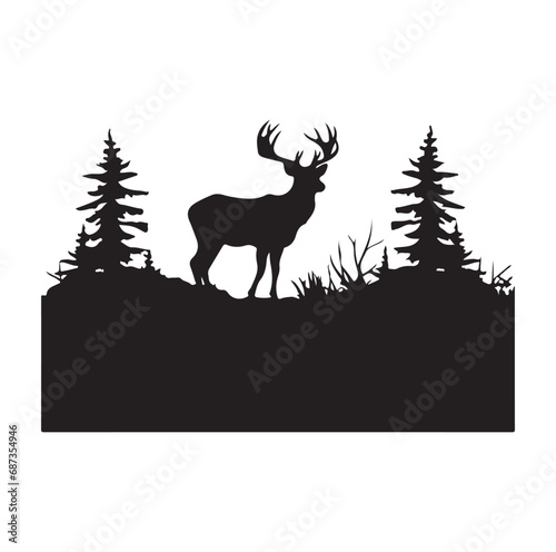 Vector silhouette of hunting deer in forest. Symbol of animal and nature.