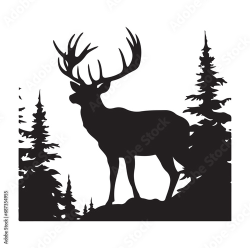 Vector silhouette of hunting deer in forest. Symbol of animal and nature.