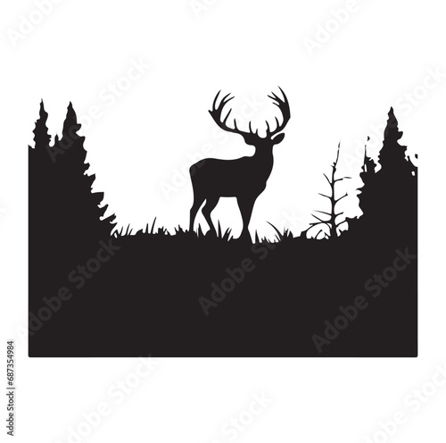 Vector silhouette of hunting deer in forest. Symbol of animal and nature.