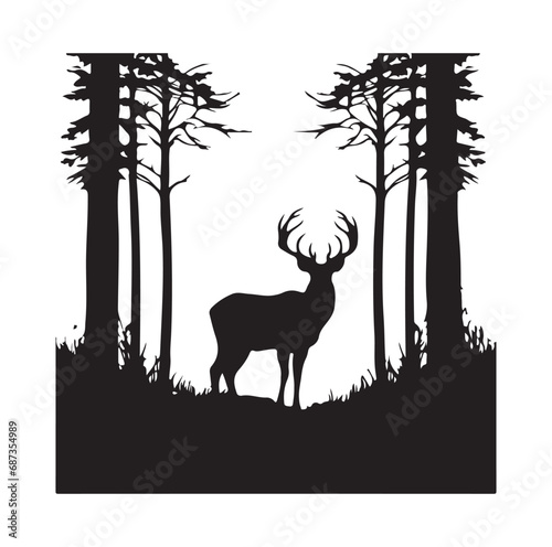 Vector silhouette of hunting deer in forest. Symbol of animal and nature.